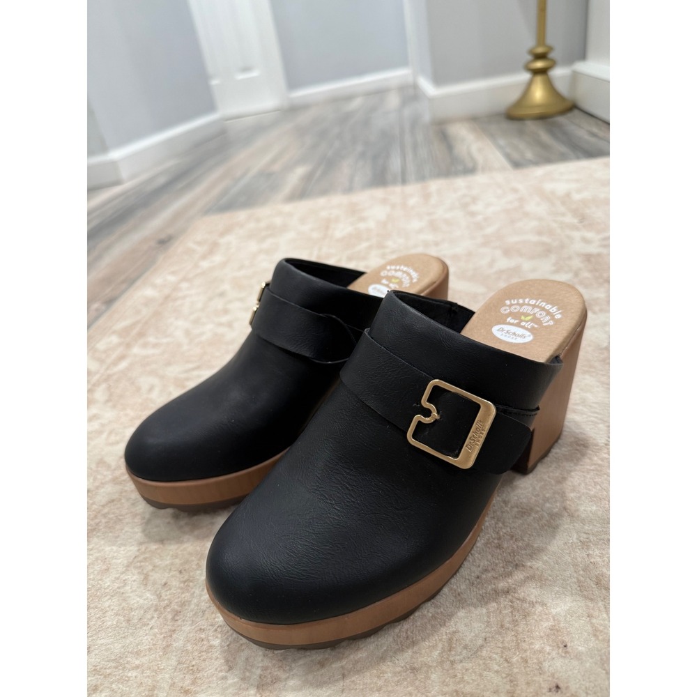 Dr Scholls Womens Original Collection Black Clog Mules Gold Buckle Retro 7.5